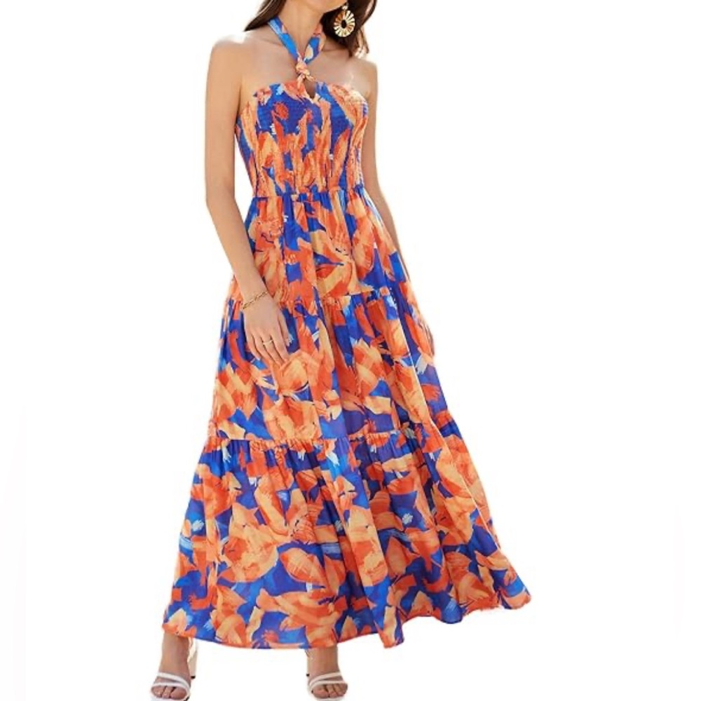 Floral Strapless Maxi Dress - Blue and Orange